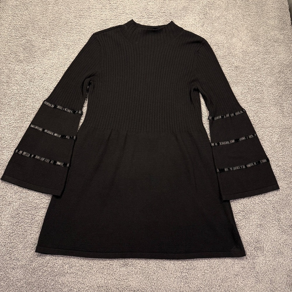 Tyler Boe Dress Women Medium Black Ribbed Knit Mock Neck Bell Sleeve Sweater Y2K
